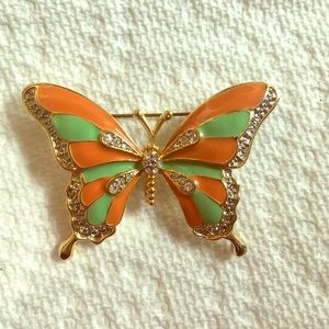Butterfly pin orange green gold tone enamel
